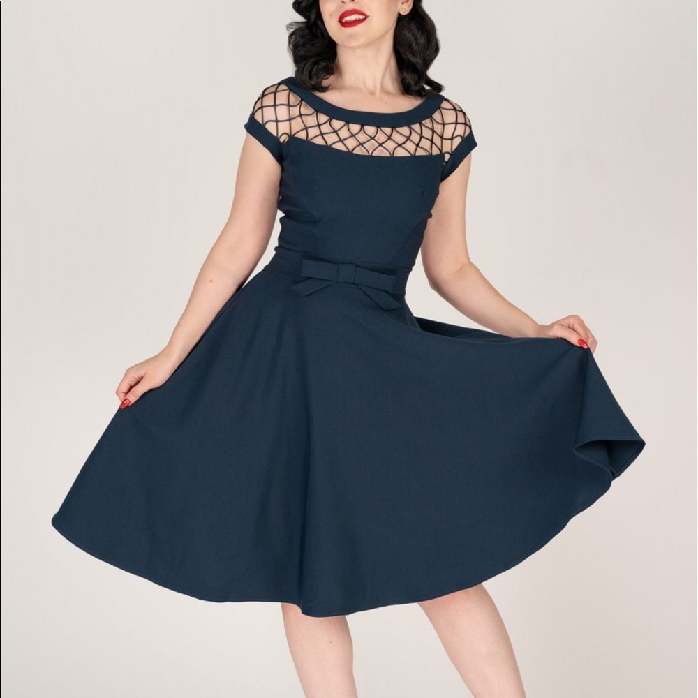 Navy A-line dress w/lattice neckline & bow @ waist